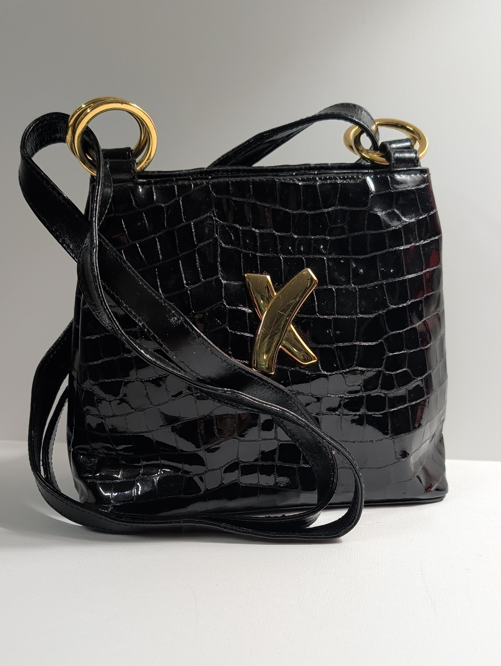 Vintage Paloma Picasso Black Alligator-Embossed Patent Shoulder Bag